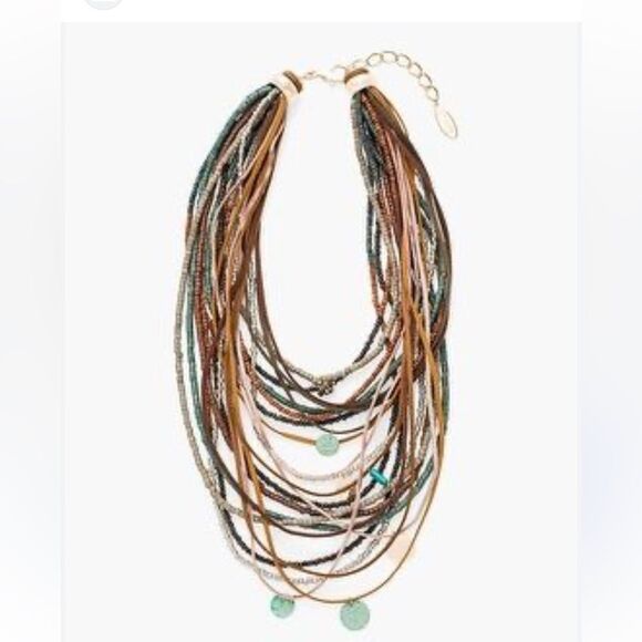 Chico's SERENA Brown Green Wood Bead Leather Multi Strand Boho Charm Necklace - Picture 1 of 16
